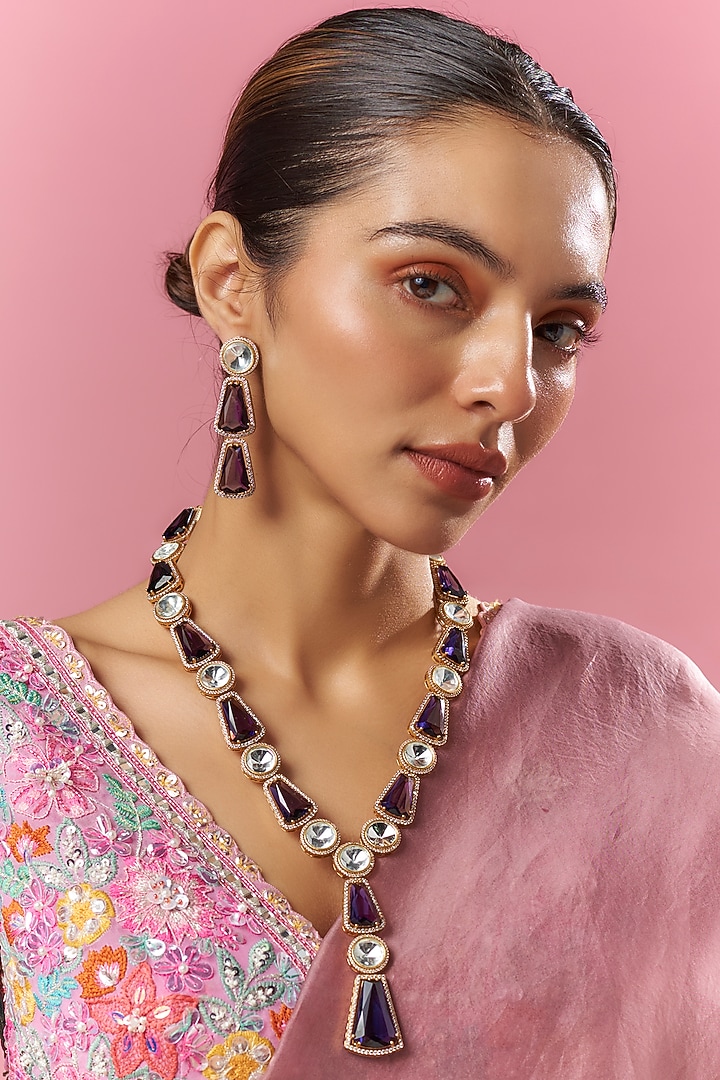 Gold Finish Blue Kundan Polki Long Necklace Set by Adityam Jewels at Pernia's Pop Up Shop