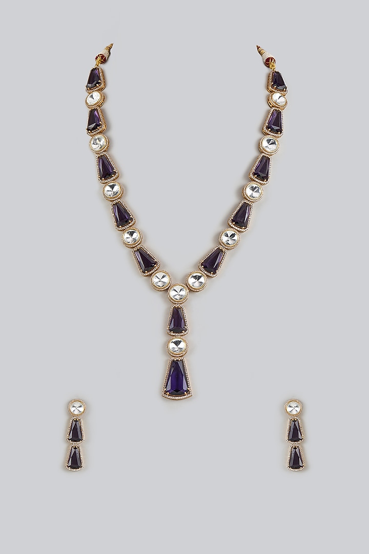 Gold Finish Blue Kundan Polki Long Necklace Set by Adityam Jewels at Pernia's Pop Up Shop