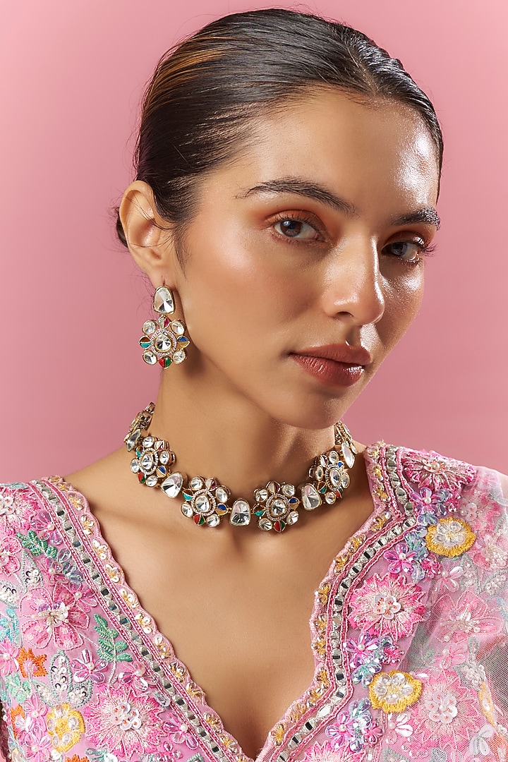 Gold Finish Kundan Polki Necklace Set by Adityam Jewels at Pernia's Pop Up Shop