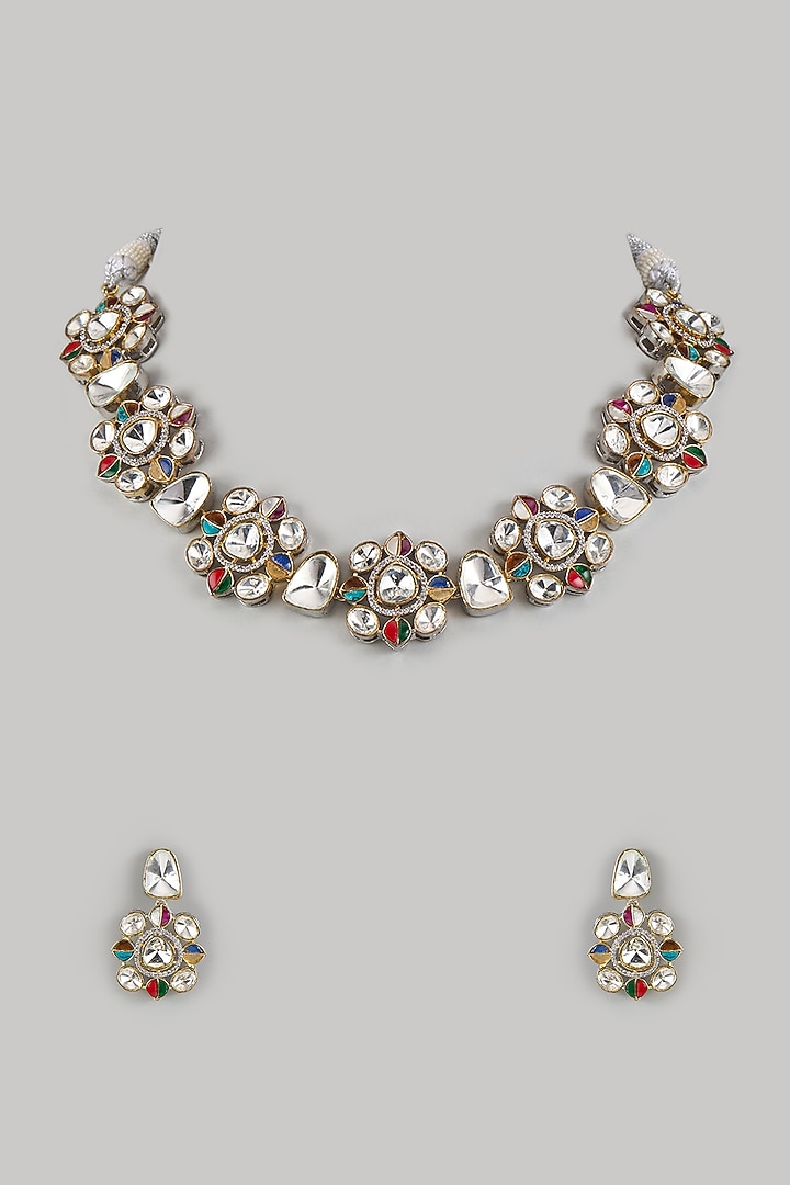 Gold Finish Kundan Polki Necklace Set by Adityam Jewels at Pernia's Pop Up Shop