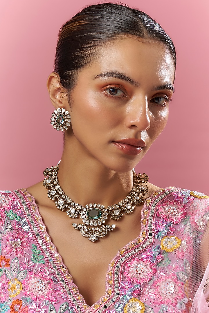 Two Tone Finish Aqua Kundan Polki Necklace Set by Adityam Jewels at Pernia's Pop Up Shop