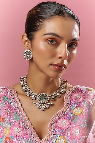 Two Tone Finish Aqua Kundan Polki Necklace Set by Adityam Jewels