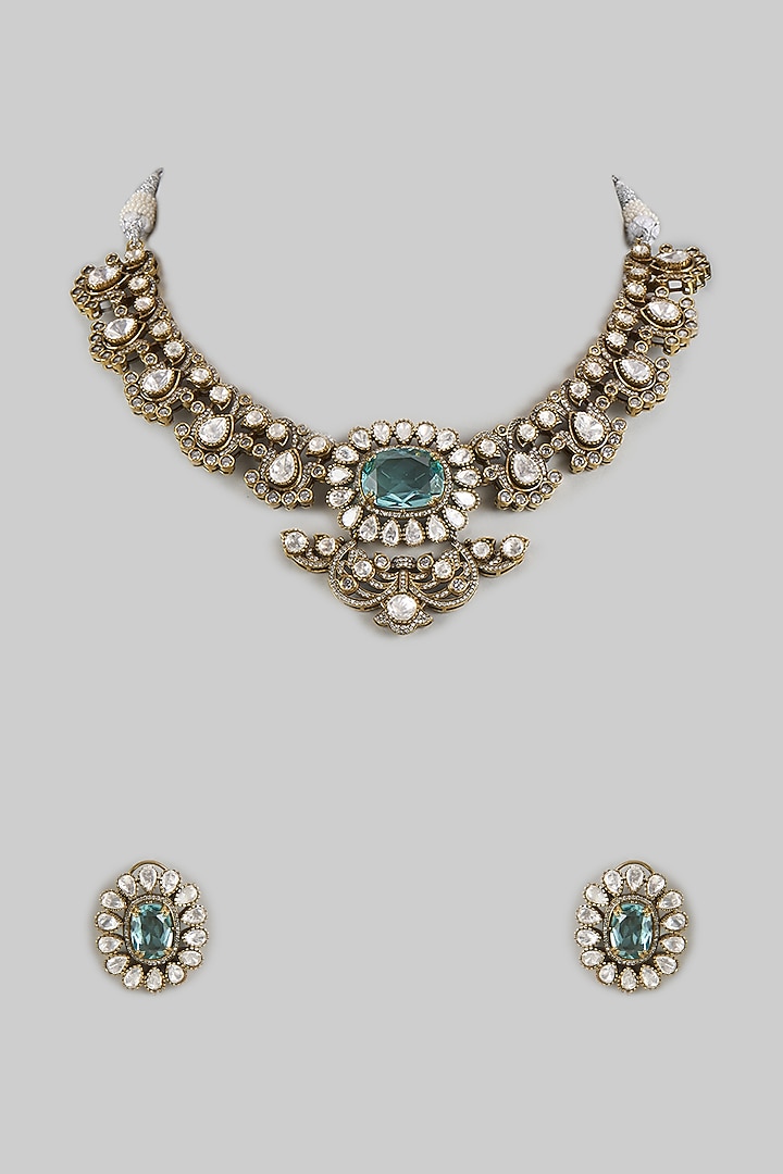 Two Tone Finish Aqua Kundan Polki Necklace Set by Adityam Jewels at Pernia's Pop Up Shop