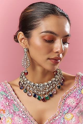 Two Tone Finish Multi-Colored Kundan Polki Necklace Set by Adityam Jewels