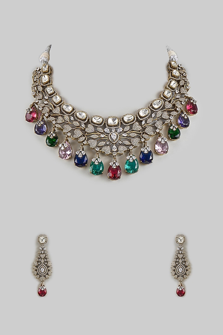 Two Tone Finish Multi-Colored Kundan Polki Necklace Set by Adityam Jewels at Pernia's Pop Up Shop