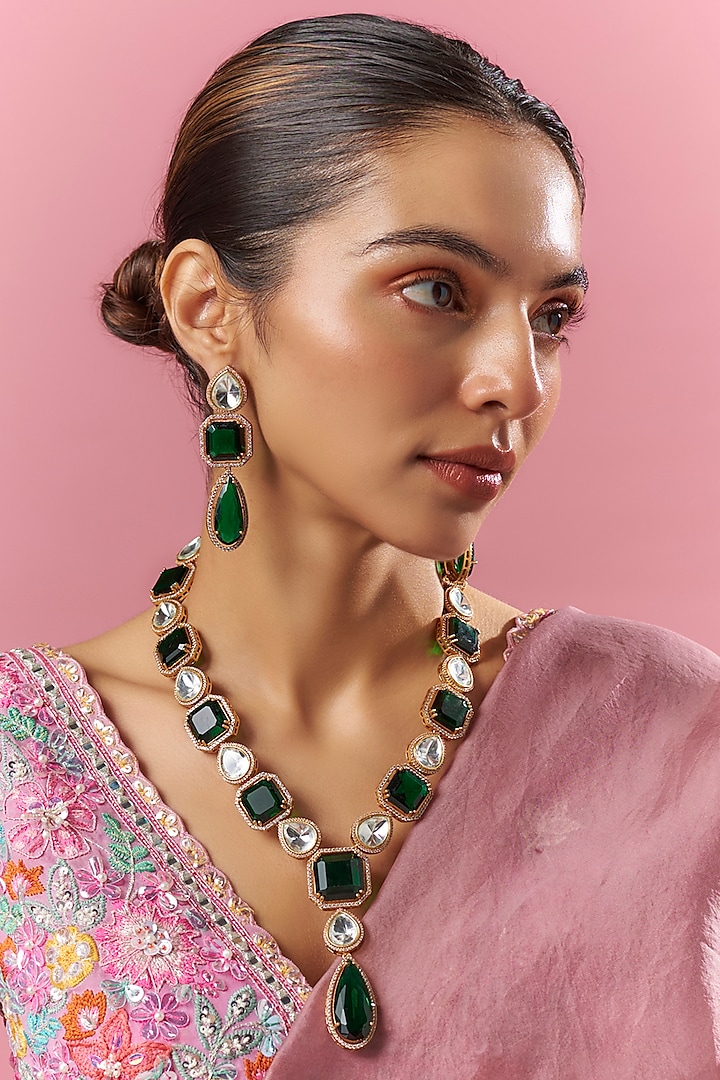 Gold Finish Green Kundan Polki Long Necklace Set by Adityam Jewels at Pernia's Pop Up Shop
