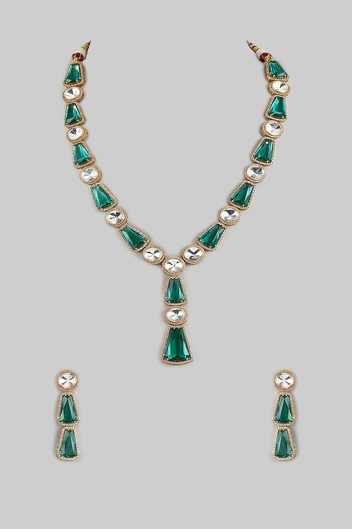 Gold Finish Aqua Kundan Polki Long Necklace Set by Adityam Jewels at Pernia's Pop Up Shop