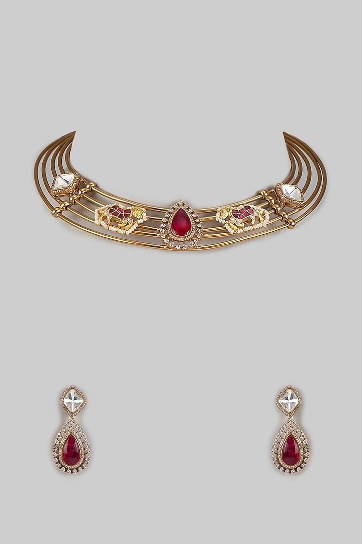 Gold Finish Red Kundan Polki Necklace Set by Adityam Jewels at Pernia's Pop Up Shop