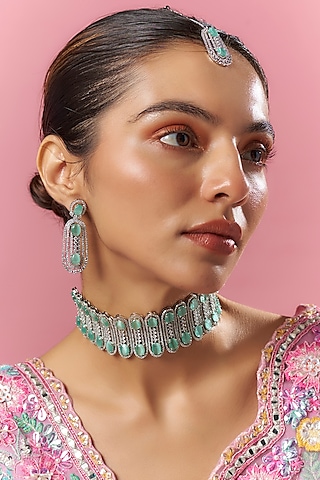 White Finish Blue Zircon Choker Necklace Set by Adityam Jewels