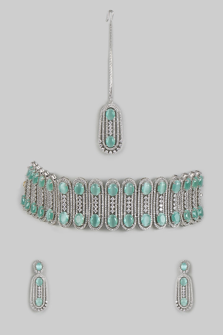 White Finish Blue Zircon Choker Necklace Set by Adityam Jewels at Pernia's Pop Up Shop