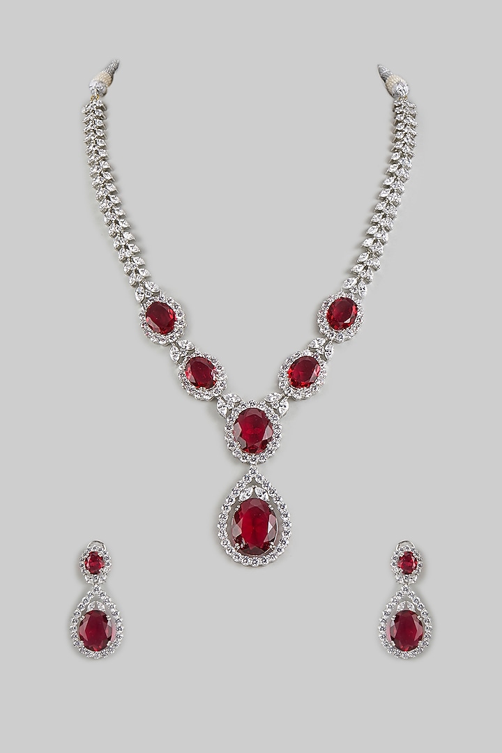 White Finish Red Zircon Long Necklace Set by Adityam Jewels at Pernia's Pop Up Shop