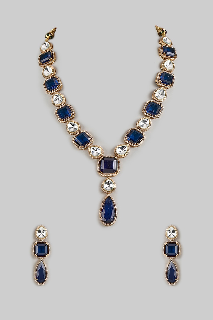 Gold Finish Blue Kundan Polki Long Necklace Set by Adityam Jewels at Pernia's Pop Up Shop