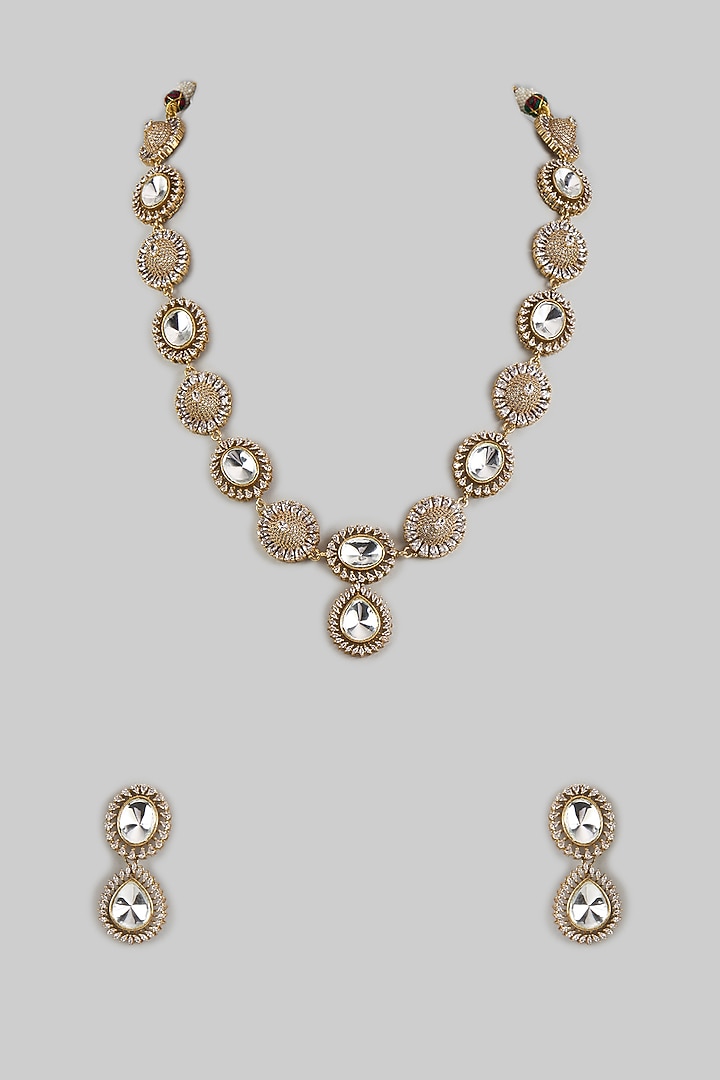 Gold Finish White Kundan Polki Long Necklace Set by Adityam Jewels at Pernia's Pop Up Shop