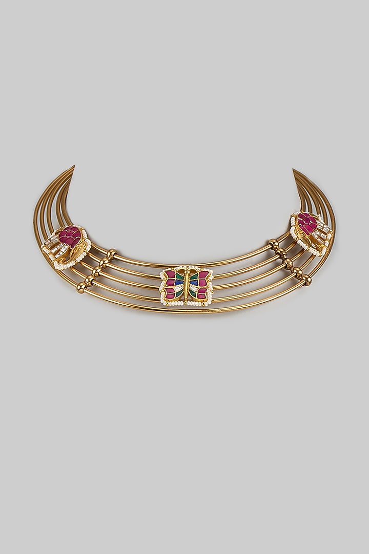 Gold Finish Red Kundan Polki Necklace by Adityam Jewels at Pernia's Pop Up Shop