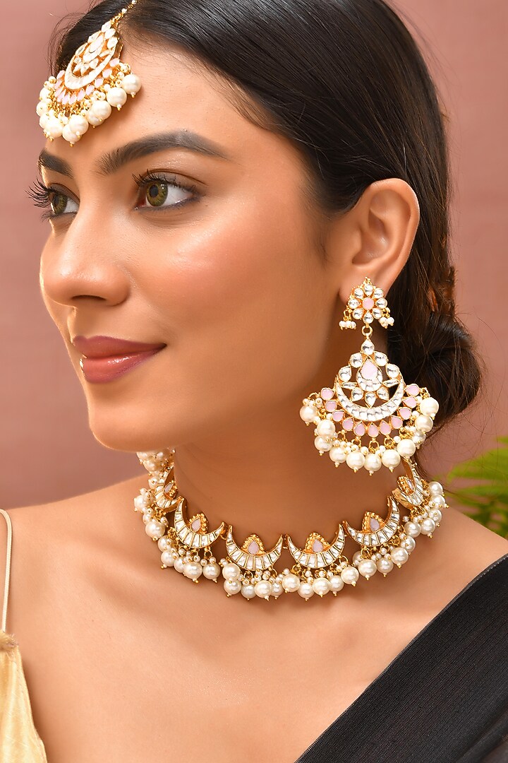 Gold Finish Kundan Polki & Rose Quartz Necklace Set by Adityam Jewels at Pernia's Pop Up Shop