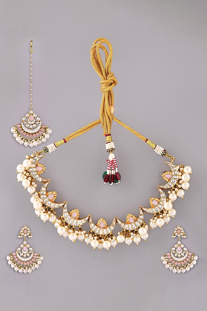 Gold Finish Kundan Polki & Rose Quartz Necklace Set by Adityam Jewels at Pernia's Pop Up Shop