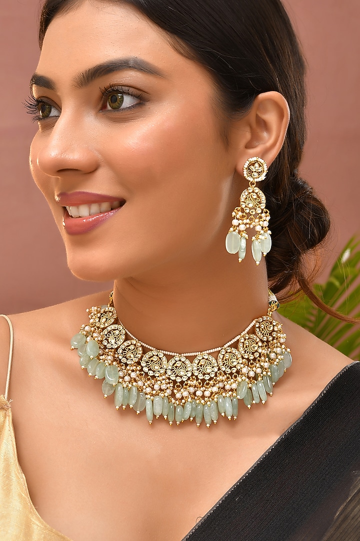 Gold Finish Green Kundan Polki Necklace Set by Adityam Jewels at Pernia's Pop Up Shop