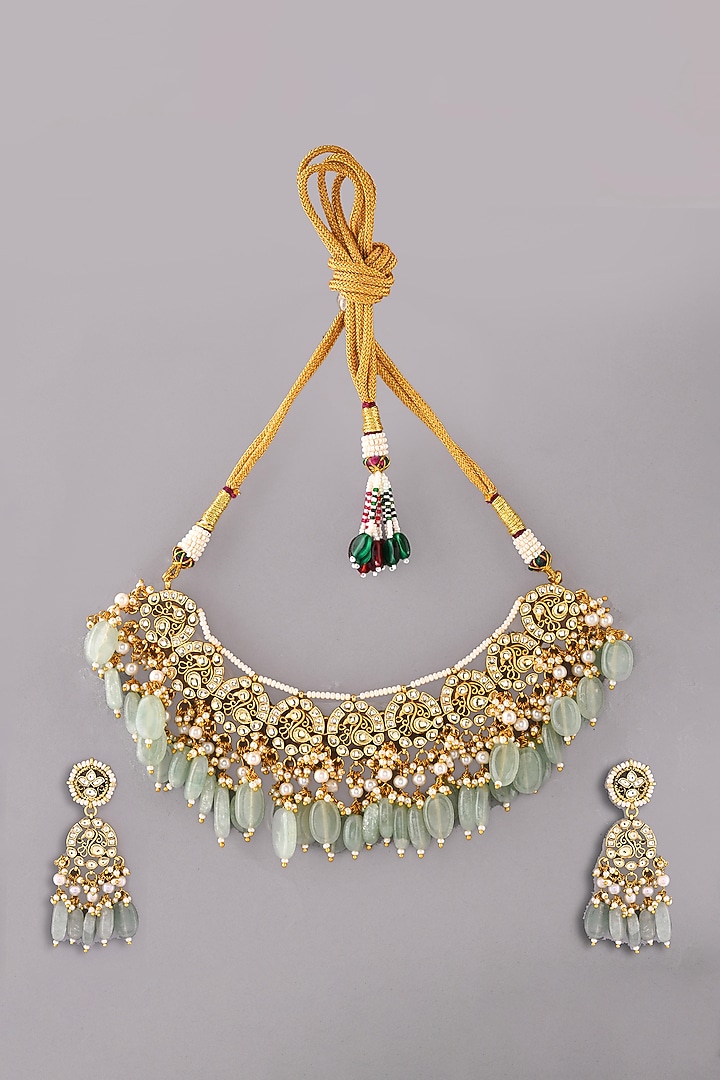 Gold Finish Green Kundan Polki Necklace Set by Adityam Jewels at Pernia's Pop Up Shop