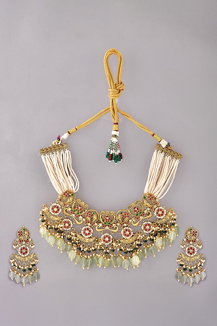 Gold Finish Green Kundan Polki Necklace Set by Adityam Jewels at Pernia's Pop Up Shop
