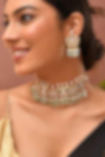 Gold Finish Green Kundan Polki Choker Necklace Set by Adityam Jewels at Pernia's Pop Up Shop