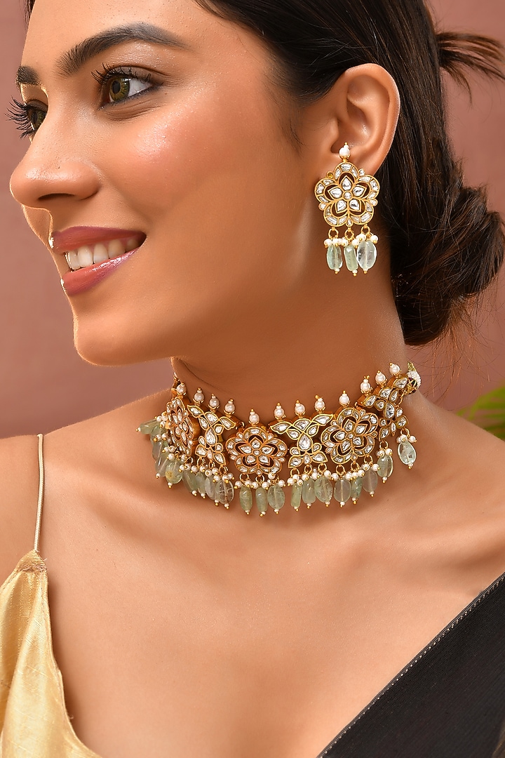 Gold Finish Green Kundan Polki Choker Necklace Set by Adityam Jewels at Pernia's Pop Up Shop
