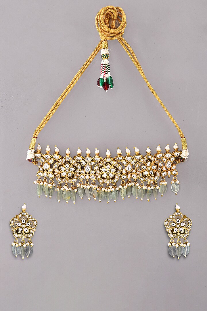 Gold Finish Green Kundan Polki Choker Necklace Set by Adityam Jewels at Pernia's Pop Up Shop