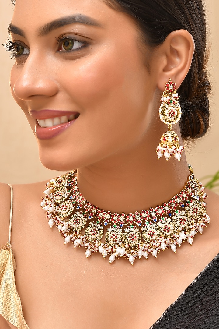 Gold Finish Kundan Polki Necklace Set by Adityam Jewels at Pernia's Pop Up Shop
