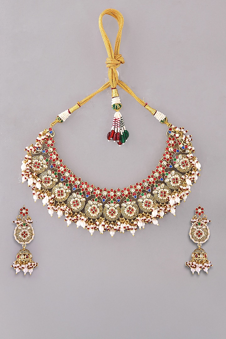 Gold Finish Kundan Polki Necklace Set by Adityam Jewels at Pernia's Pop Up Shop