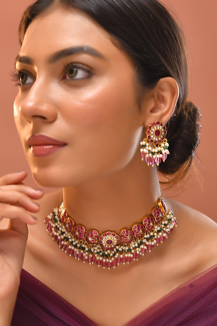 Gold Finish Red Kundan Polki Necklace Set by Adityam Jewels at Pernia's Pop Up Shop