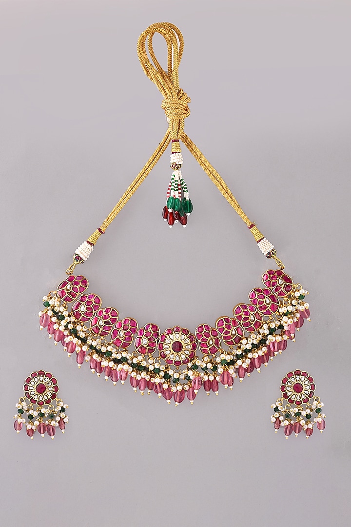 Gold Finish Red Kundan Polki Necklace Set by Adityam Jewels at Pernia's Pop Up Shop