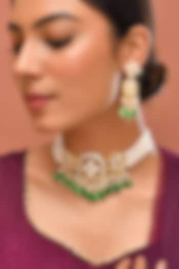 Gold Finish Kundan Polki & Green Stone Choker Necklace Set by Adityam Jewels at Pernia's Pop Up Shop