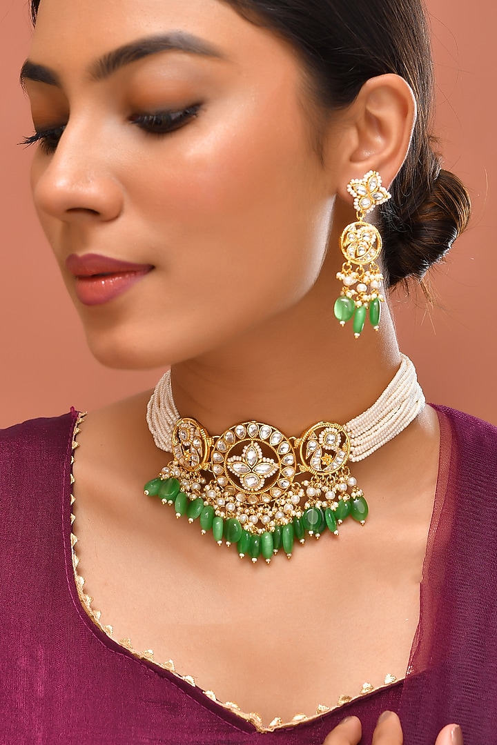 Gold Finish Kundan Polki & Green Stone Choker Necklace Set by Adityam Jewels at Pernia's Pop Up Shop