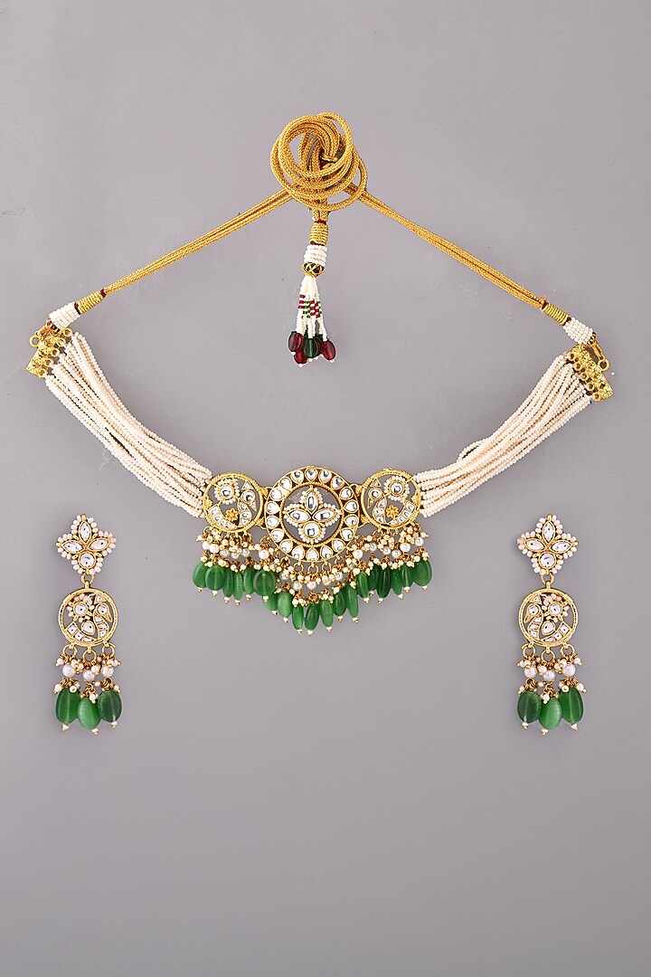 Gold Finish Kundan Polki & Green Stone Choker Necklace Set by Adityam Jewels at Pernia's Pop Up Shop