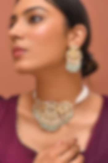 Gold Finish Green Kundan Polki Choker Necklace Set by Adityam Jewels at Pernia's Pop Up Shop