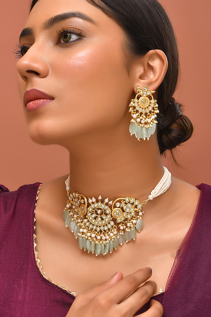 Gold Finish Green Kundan Polki Choker Necklace Set by Adityam Jewels at Pernia's Pop Up Shop
