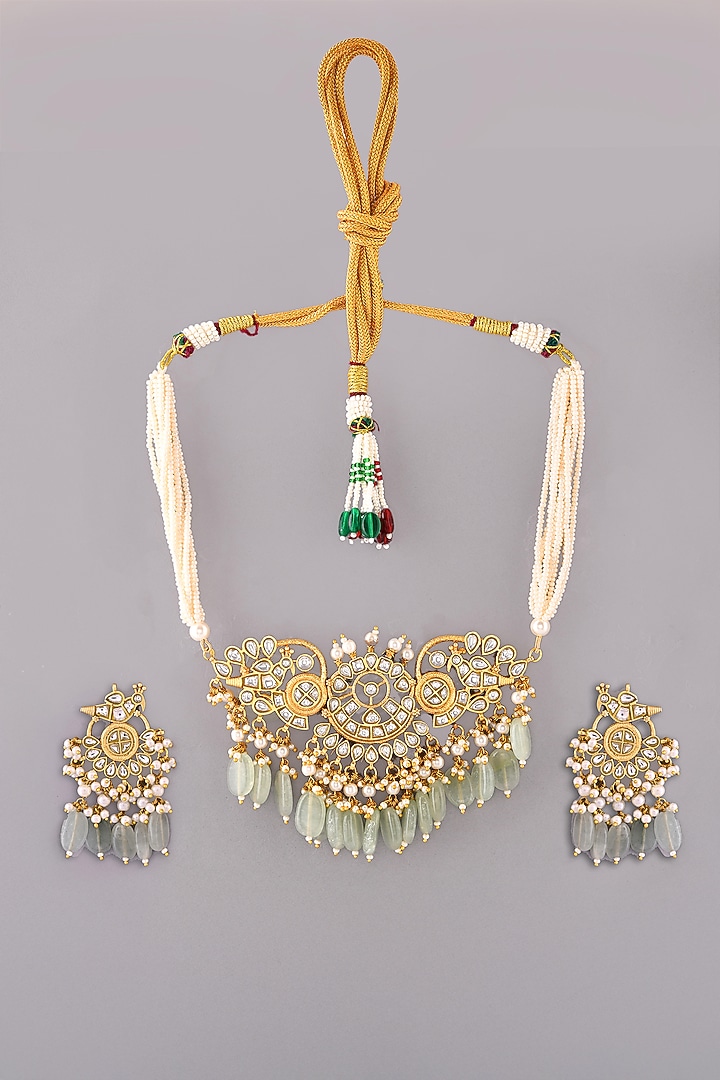 Gold Finish Green Kundan Polki Choker Necklace Set by Adityam Jewels at Pernia's Pop Up Shop