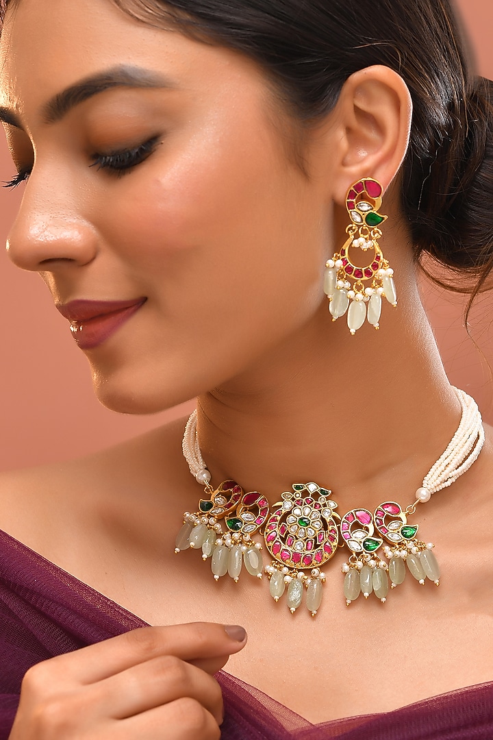 Gold Finish Multi-Colored Kundan Polki Choker Necklace Set by Adityam Jewels at Pernia's Pop Up Shop