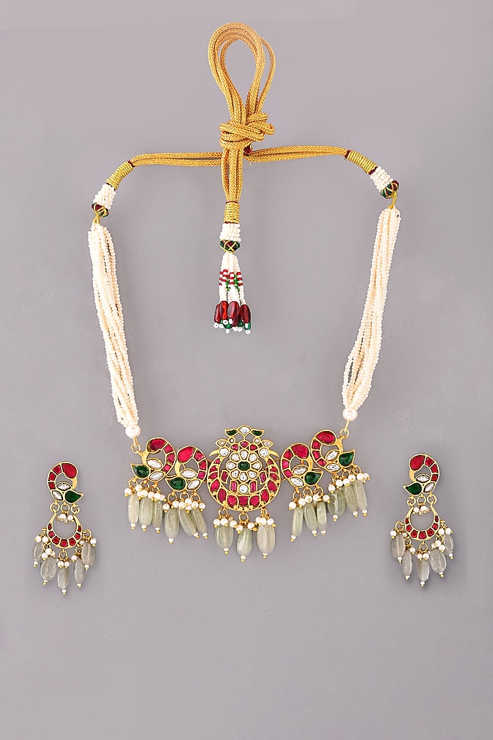 Gold Finish Multi-Colored Kundan Polki Choker Necklace Set by Adityam Jewels at Pernia's Pop Up Shop