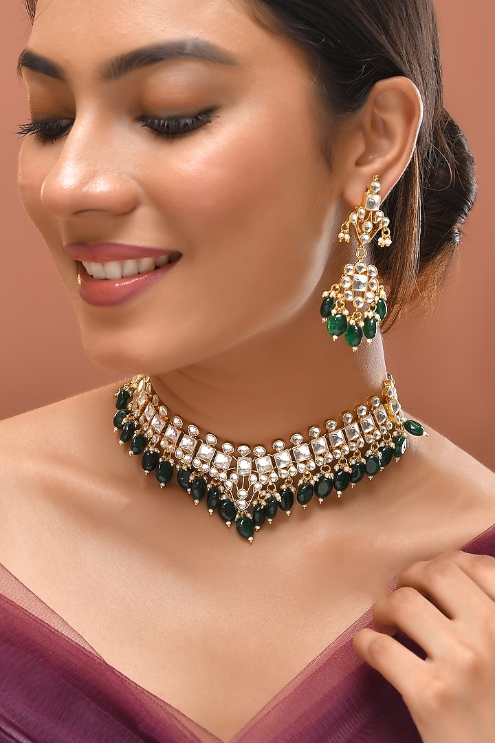 Gold Finish Green Kundan Polki Necklace Set by Adityam Jewels at Pernia's Pop Up Shop