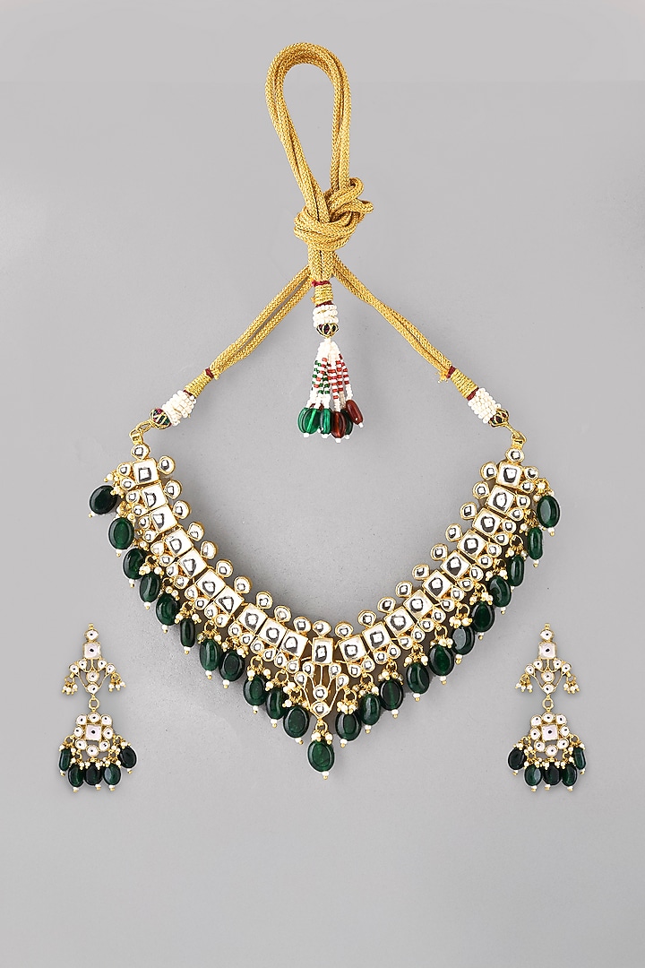 Gold Finish Green Kundan Polki Necklace Set by Adityam Jewels at Pernia's Pop Up Shop