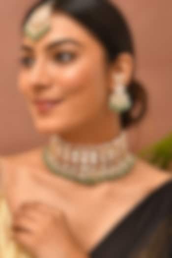Gold Finish Green Kundan Polki Choker Necklace Set by Adityam Jewels at Pernia's Pop Up Shop