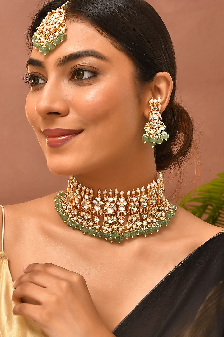 Gold Finish Green Kundan Polki Choker Necklace Set by Adityam Jewels at Pernia's Pop Up Shop