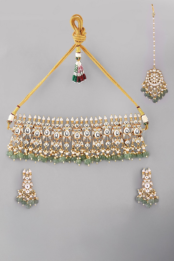 Gold Finish Green Kundan Polki Choker Necklace Set by Adityam Jewels at Pernia's Pop Up Shop