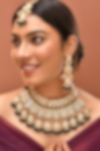 Gold Finish Green Kundan Polki Necklace Set by Adityam Jewels at Pernia's Pop Up Shop