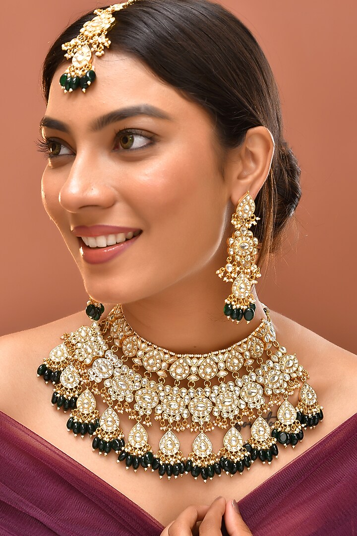 Gold Finish Green Kundan Polki Necklace Set by Adityam Jewels at Pernia's Pop Up Shop