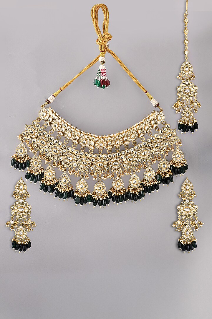 Gold Finish Green Kundan Polki Necklace Set by Adityam Jewels at Pernia's Pop Up Shop