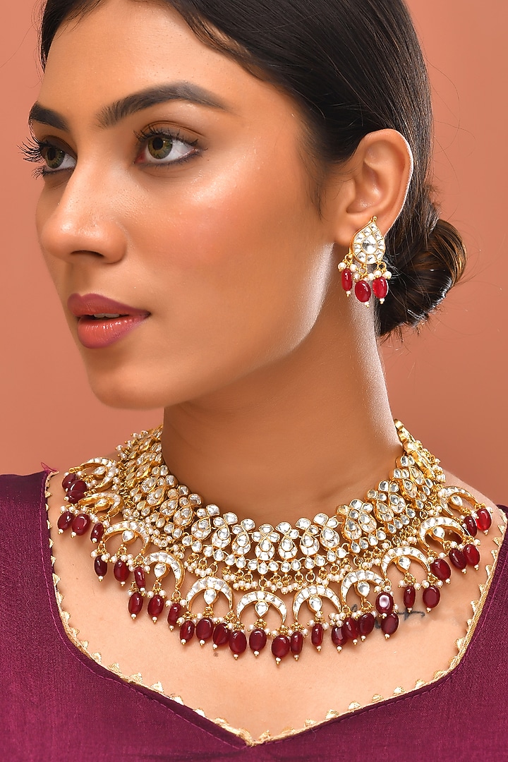 Gold Finish Red Kundan Polki Necklace Set by Adityam Jewels at Pernia's Pop Up Shop