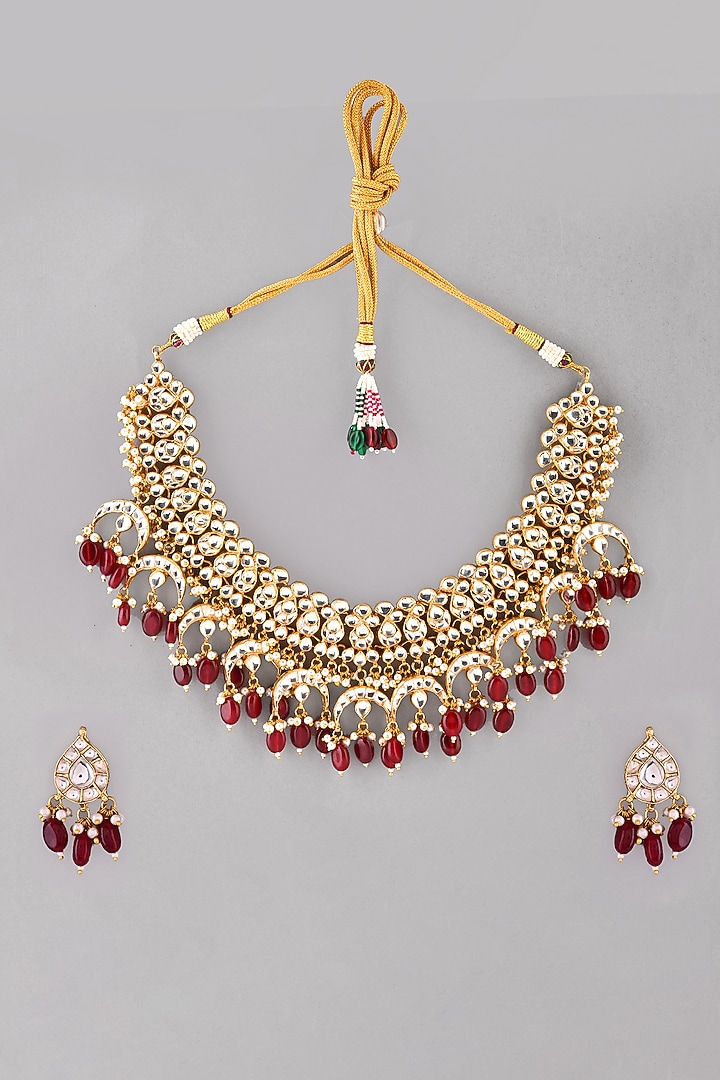 Gold Finish Red Kundan Polki Necklace Set by Adityam Jewels at Pernia's Pop Up Shop