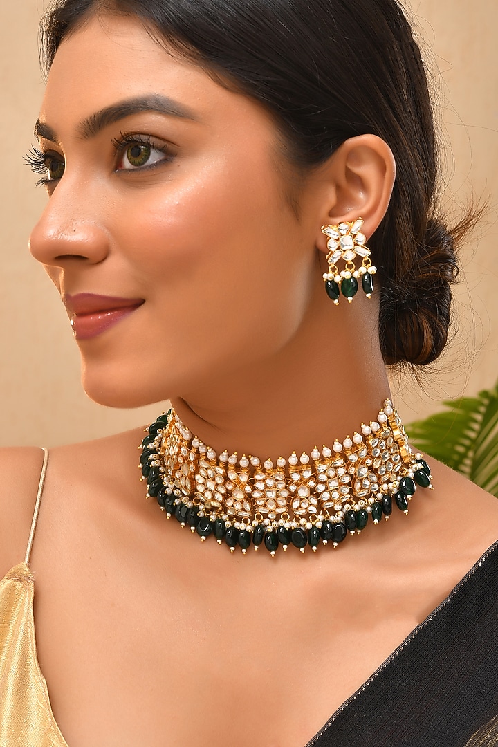 Gold Finish Green Kundan Polki Necklace Set by Adityam Jewels at Pernia's Pop Up Shop