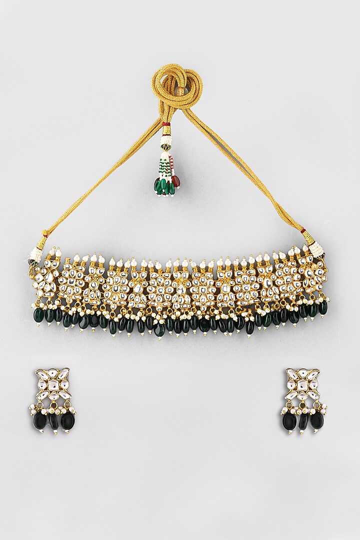 Gold Finish Green Kundan Polki Necklace Set by Adityam Jewels at Pernia's Pop Up Shop